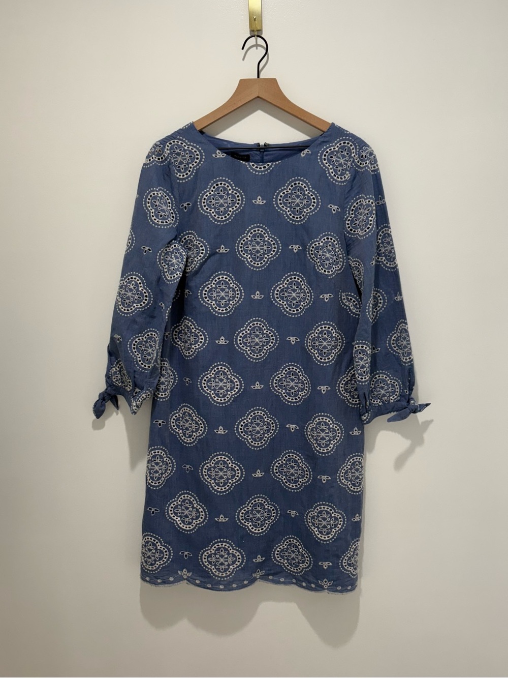 Talbots Tie Sleeve Eyelet Chambray Dress